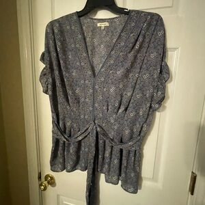 Max Studio Dusty Blue Floral V-Neck Tie-Waist Blouse